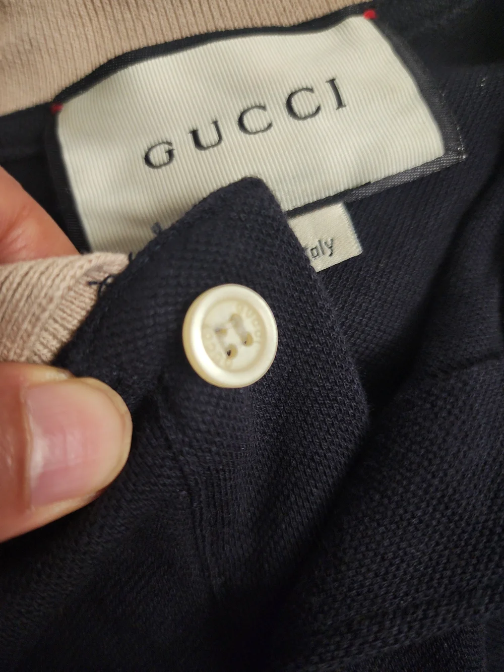 Gucci Black Polo with Beige Collar and Logo Shoulder Tape